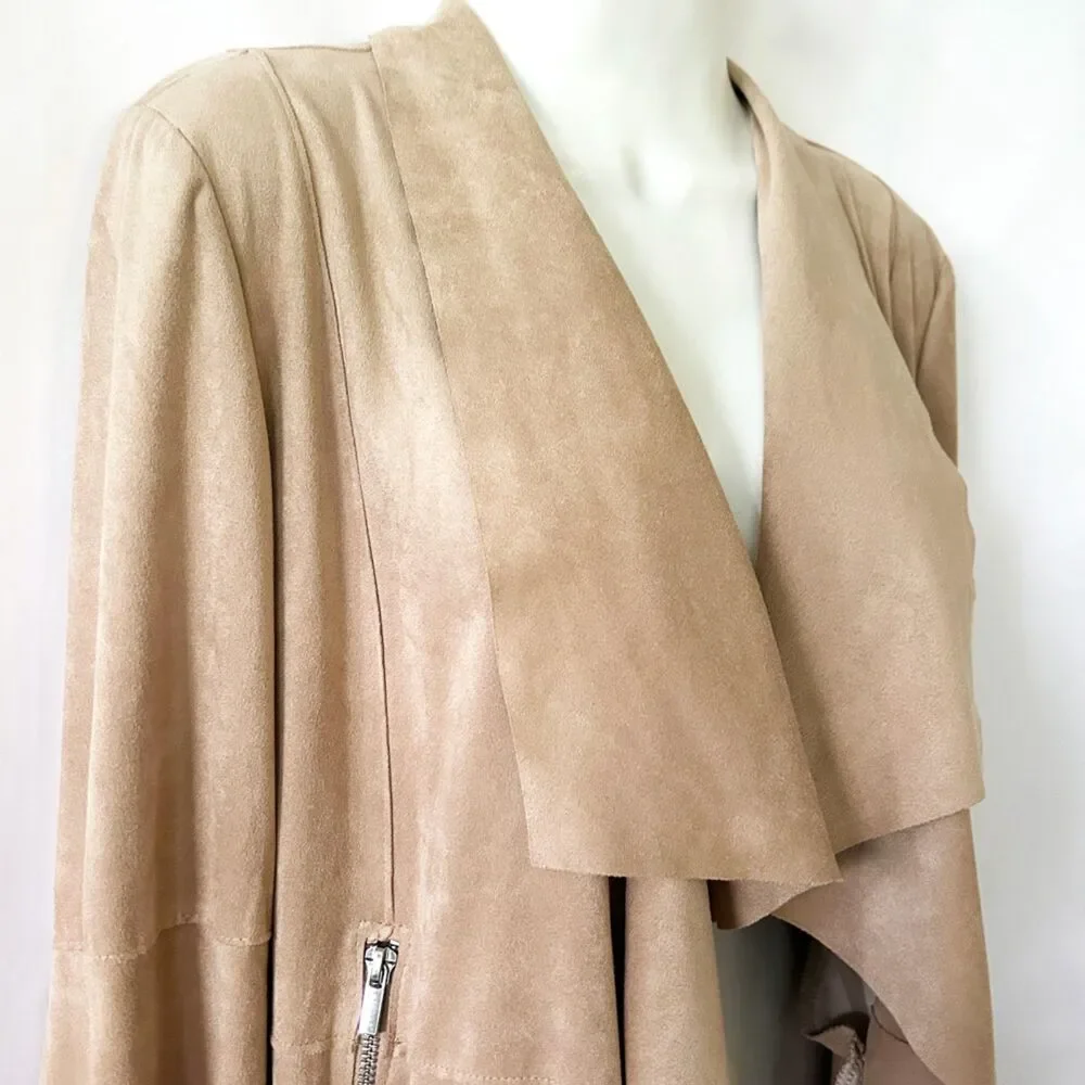 NWOT Bagatelle Faux-Suede Drape Front Jacket (L) in Oat / Tan Moto Zip Pockets
